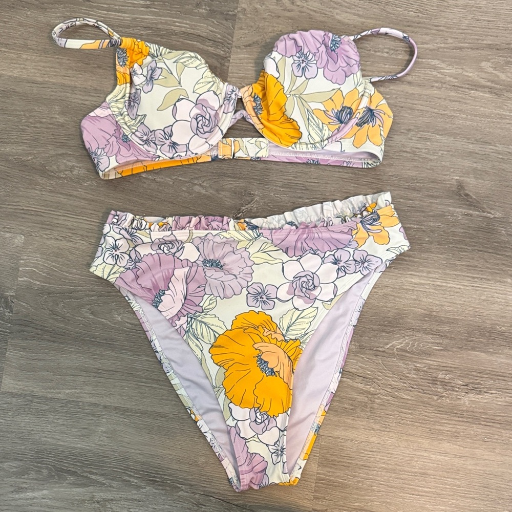Cupshe Floral high waisted Bikini Set in Purple and Yellow